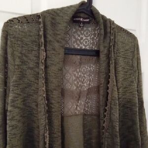 Almost Famous Olive Draped Waterfall Cardigan With Lace Back